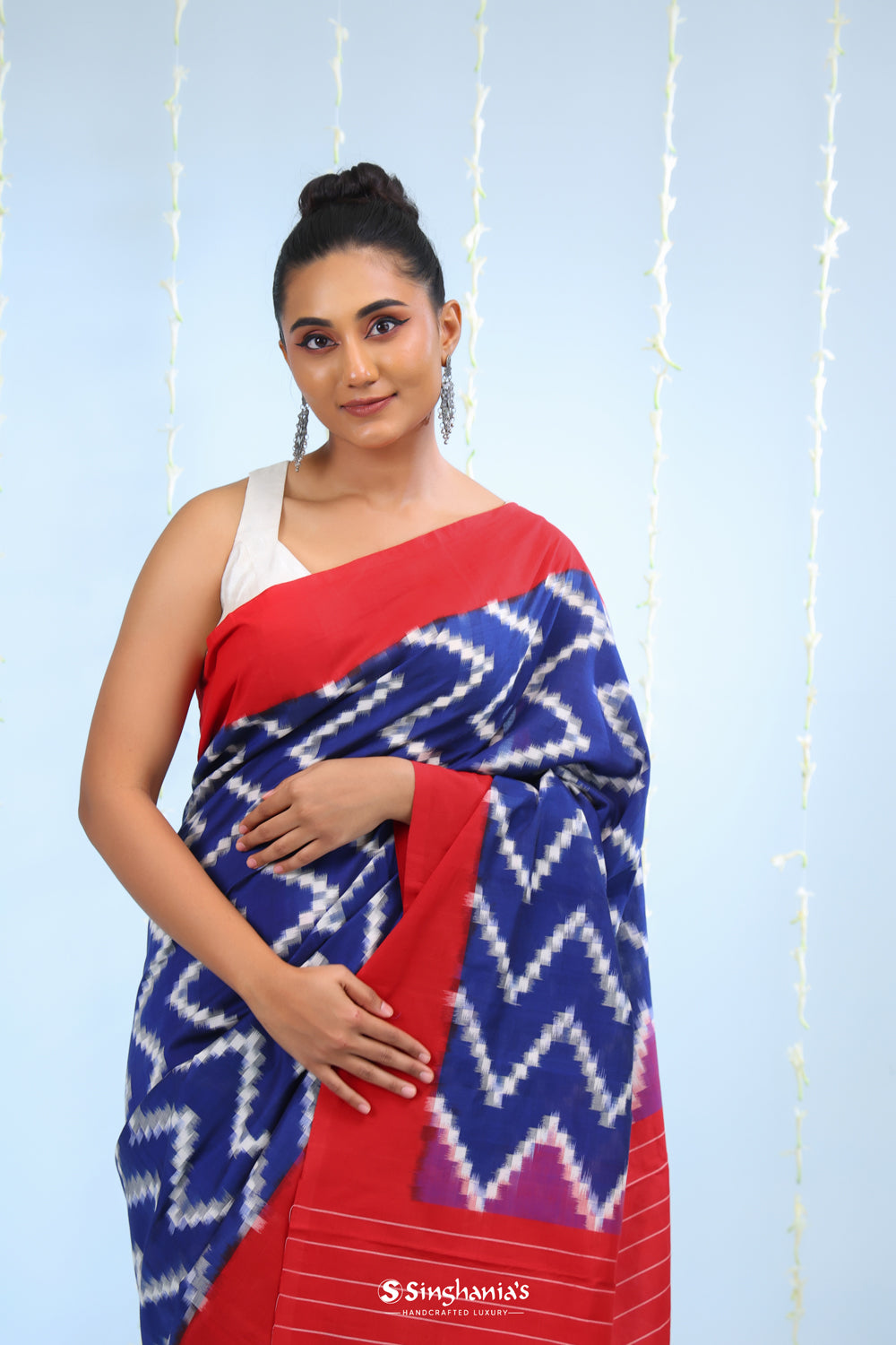 Deep Blue Ikkat Cotton Saree With Chevron Pattern