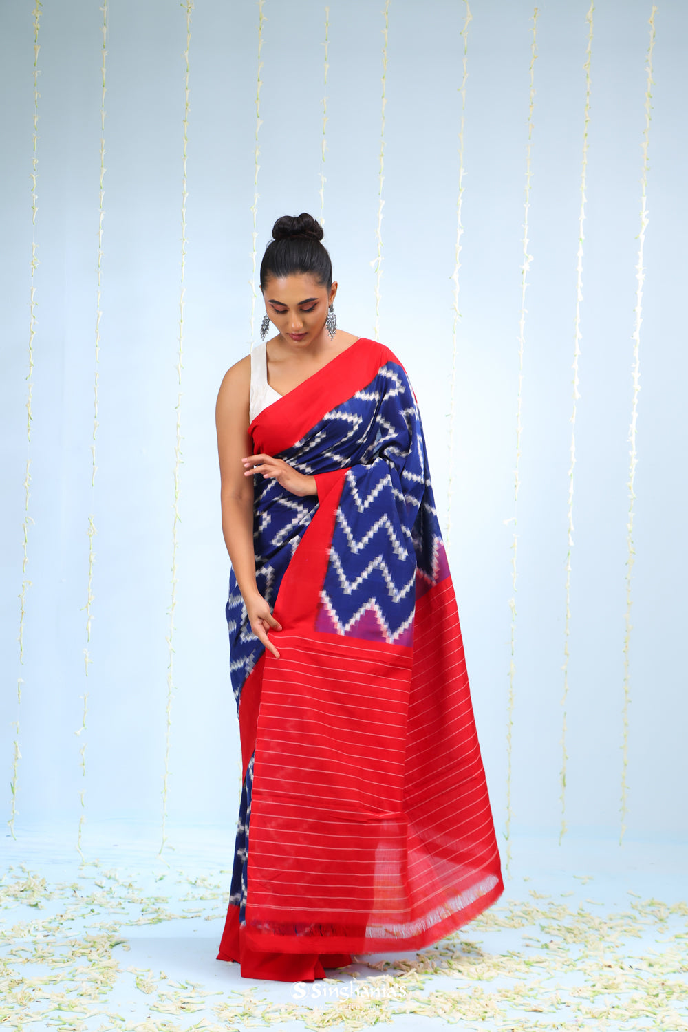 Deep Blue Ikkat Cotton Saree With Chevron Pattern