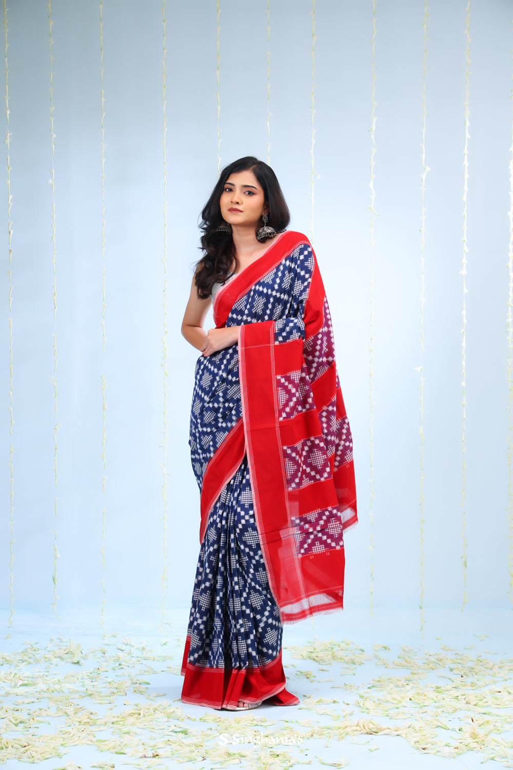 Royal Blue Ikkat Cotton Saree With Contrast Border