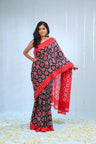 Deep Black Ikkat Cotton Saree With Contrast Border