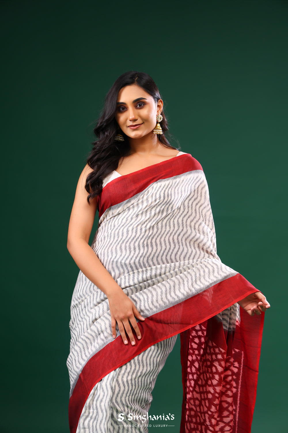 Red Grey Ikkat Cotton Saree With Wave Pattern