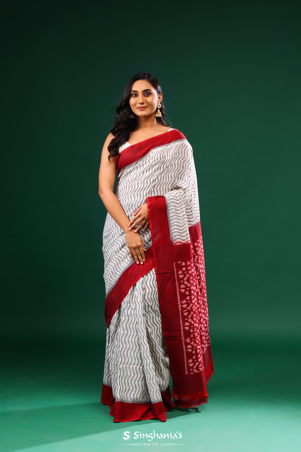 Red Grey Ikkat Cotton Saree With Wave Pattern