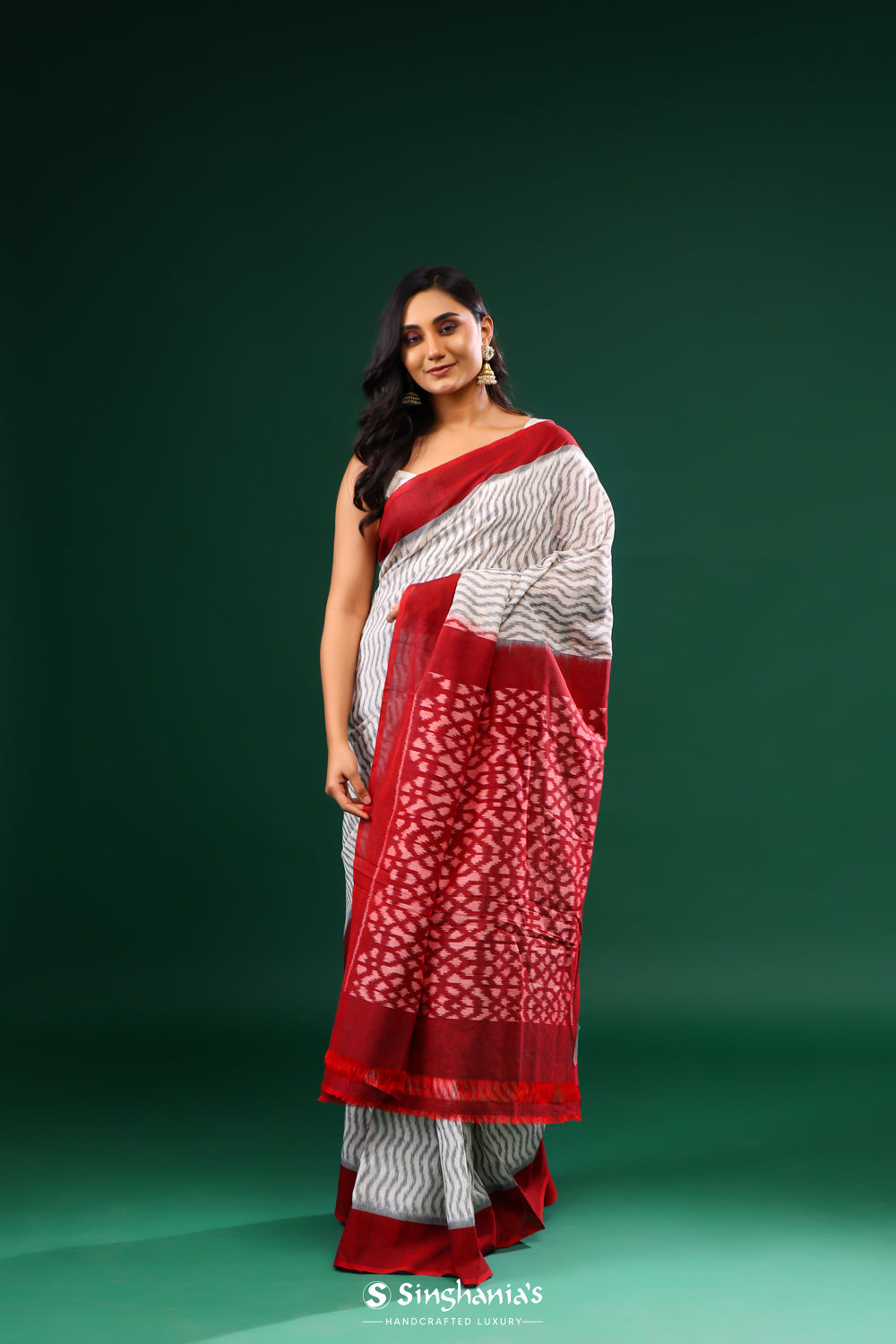 Red Grey Ikkat Cotton Saree With Wave Pattern