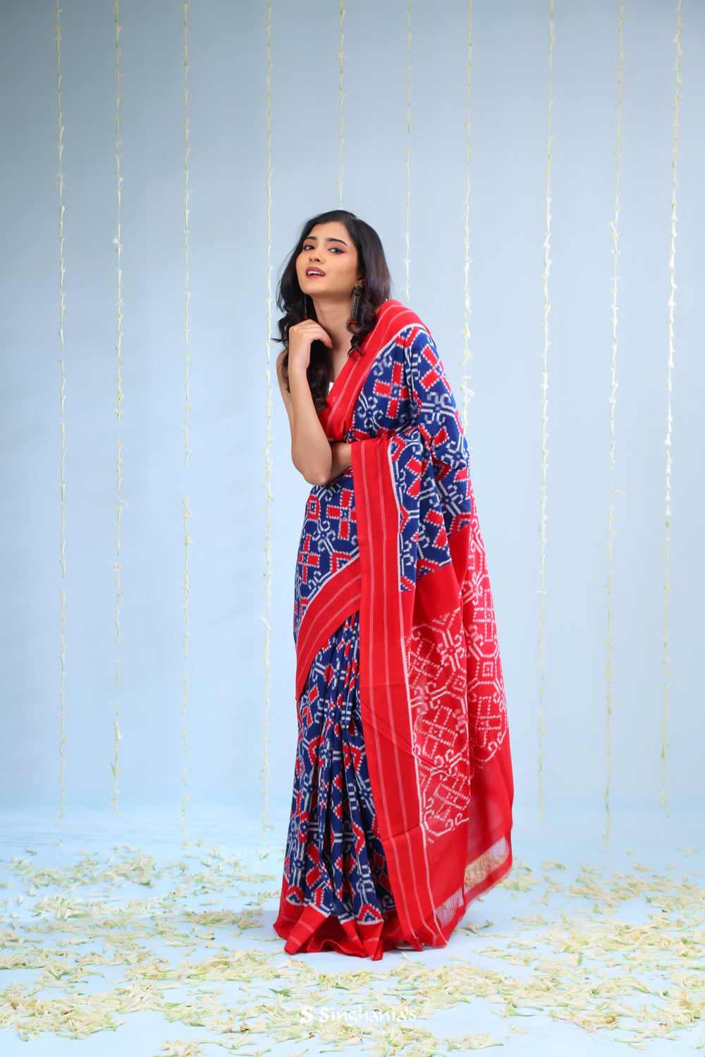 Deep Blue Ikkat Cotton Saree With Traditional Design