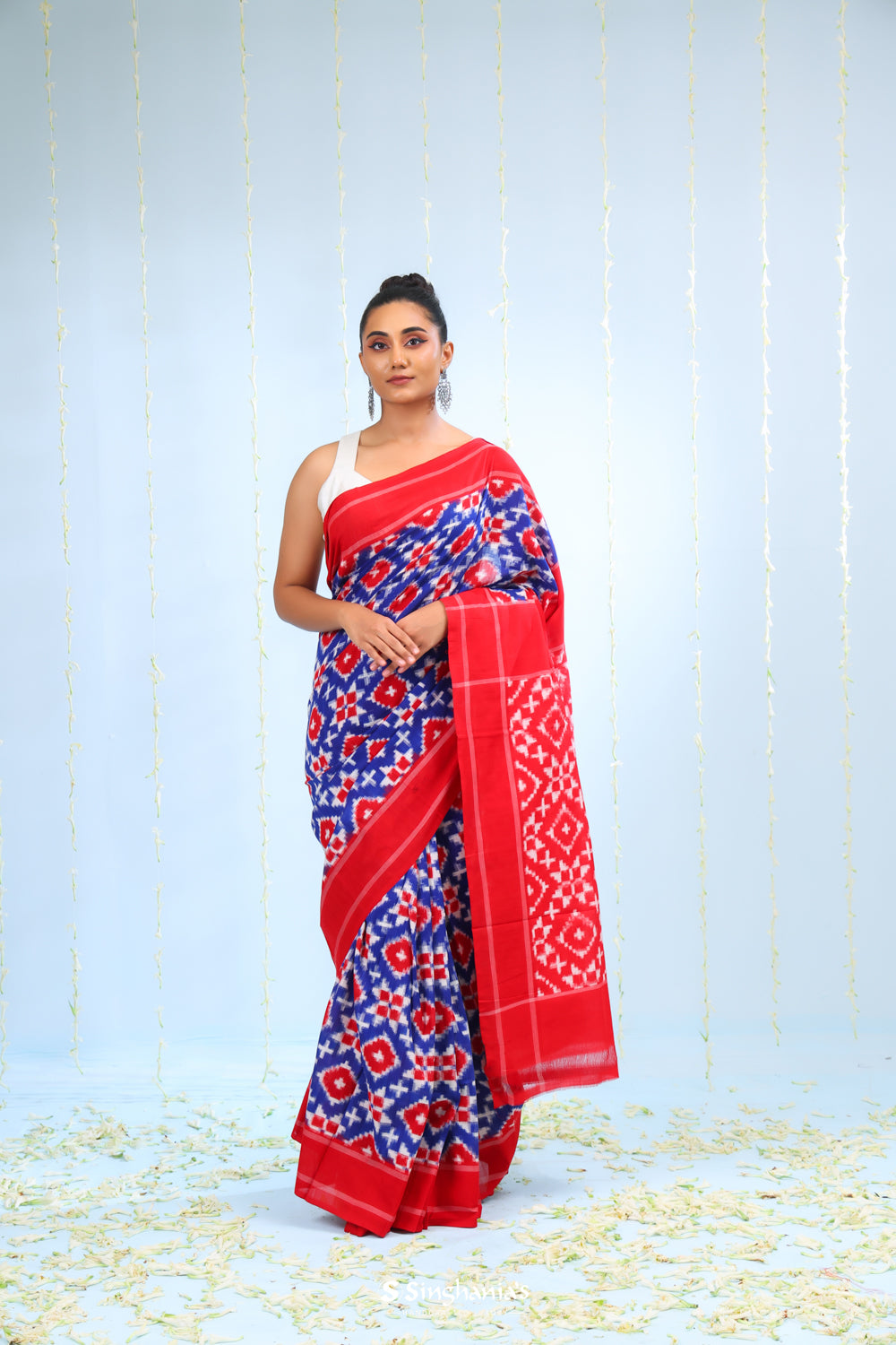 Deep Blue Ikkat Cotton Saree With Contrast Border