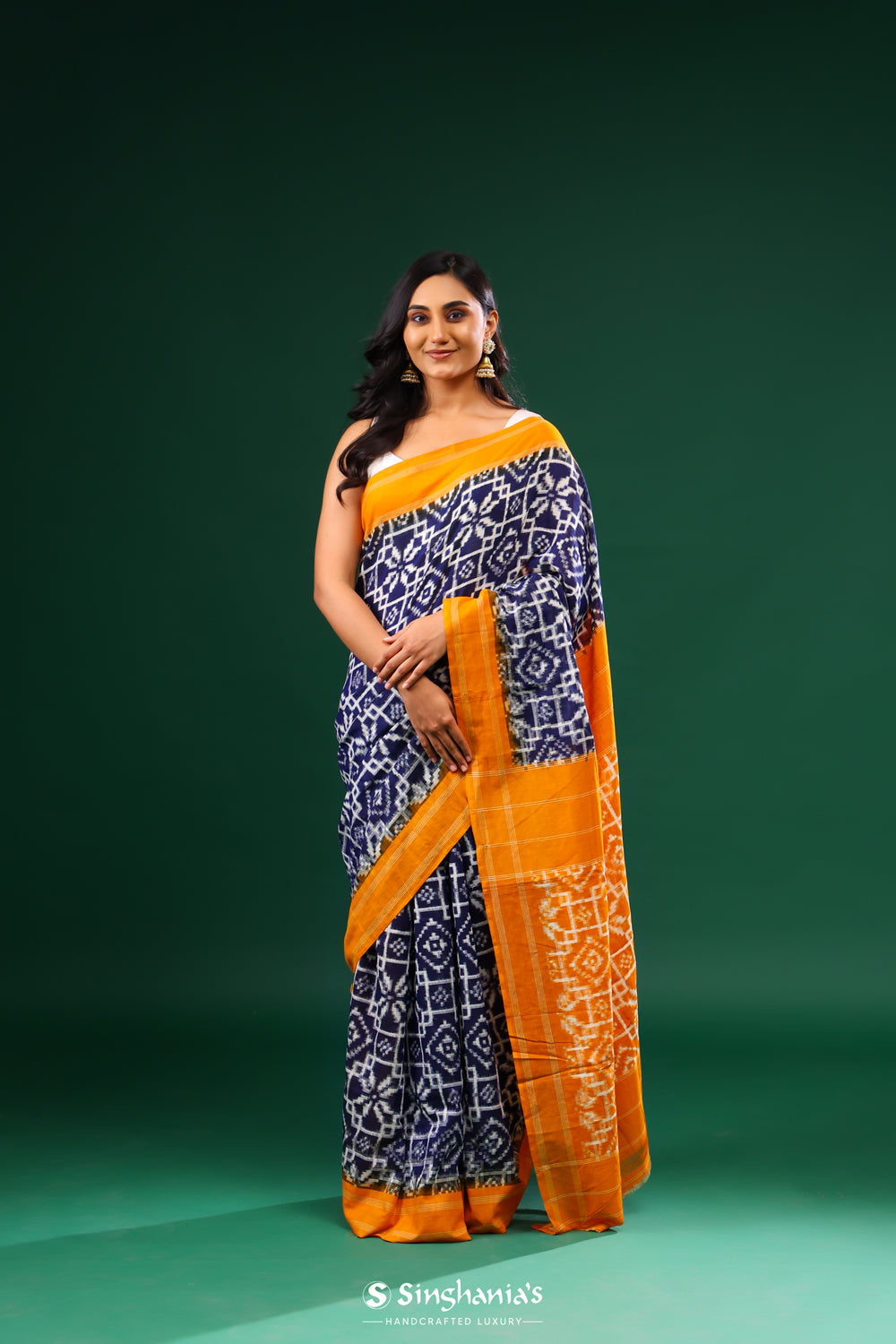 Navy Blue Ikkat Cotton Saree With Contrast Border