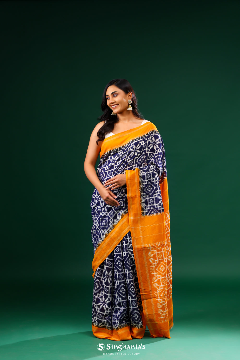 Navy Blue Ikkat Cotton Saree With Contrast Border