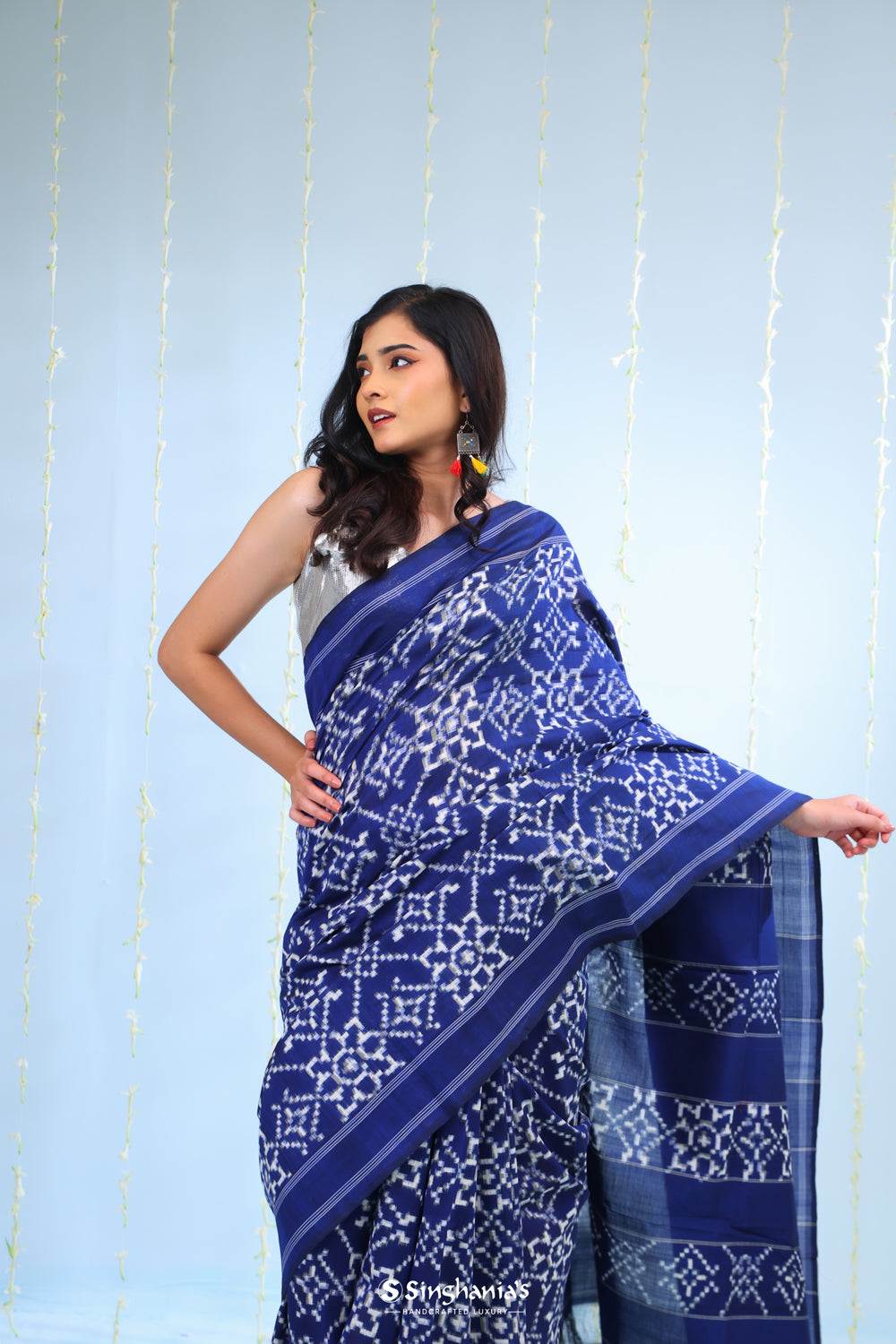 Dark Blue Ikkat Cotton Saree With Traditional Design