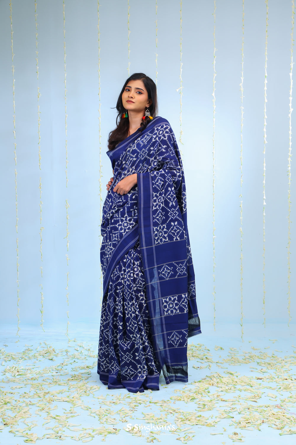 Dark Blue Ikkat Cotton Saree With Traditional Design