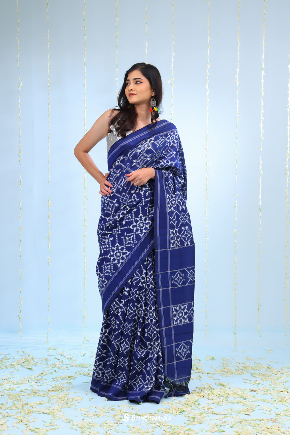 Dark Blue Ikkat Cotton Saree With Traditional Design