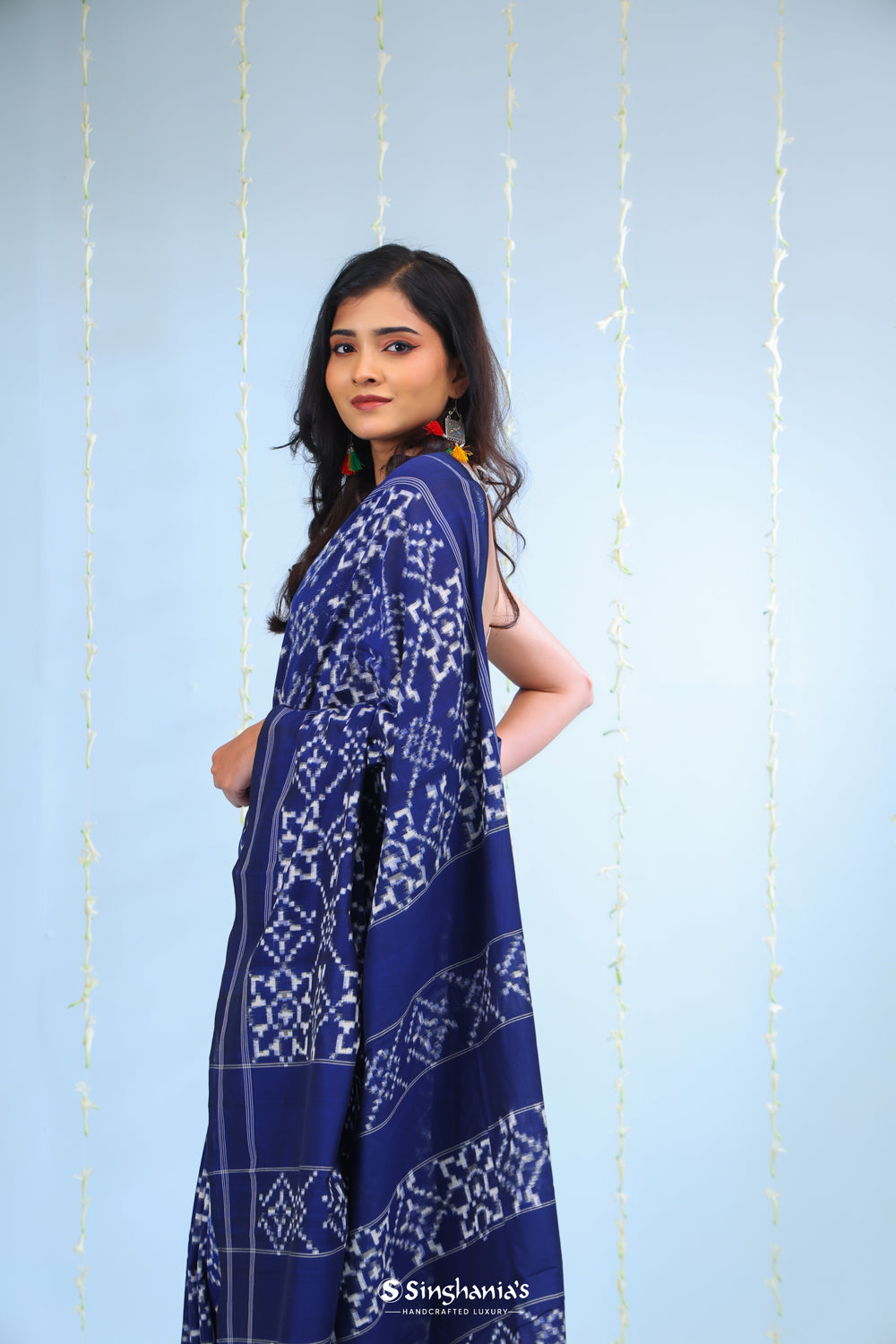 Dark Blue Ikkat Cotton Saree With Traditional Design