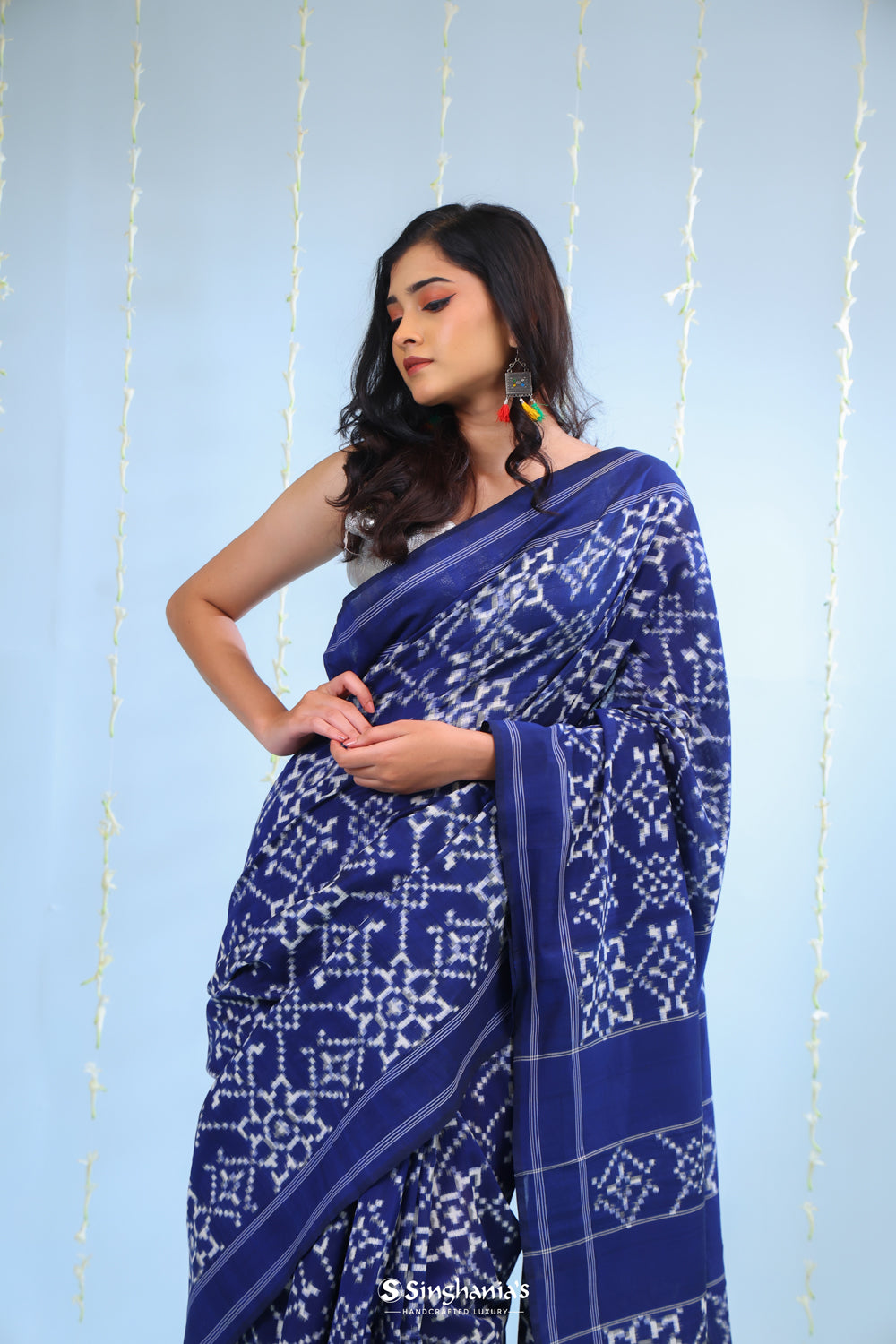 Dark Blue Ikkat Cotton Saree With Traditional Design