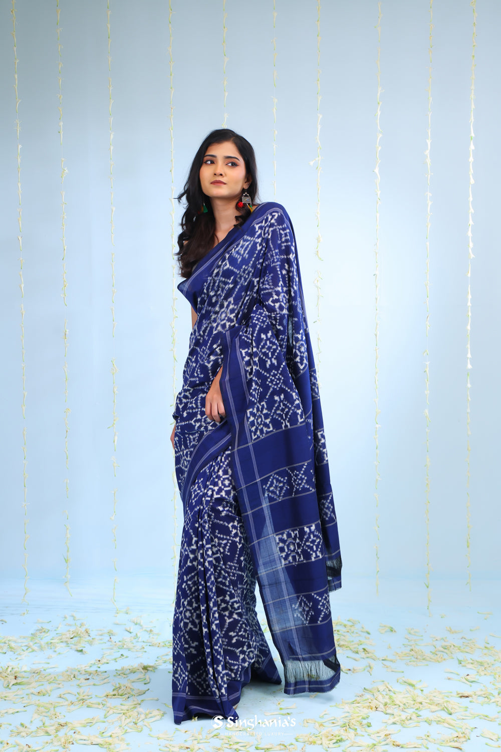 Dark Blue Ikkat Cotton Saree With Traditional Design