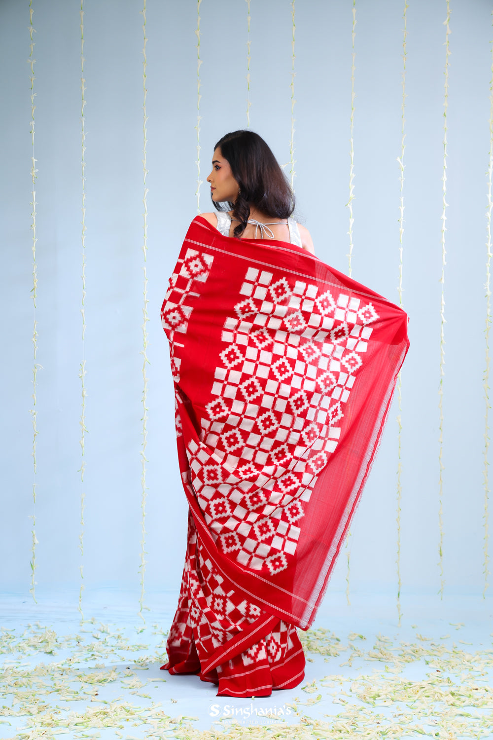 Carnelian Red Ikkat Cotton Saree With Contrast Border