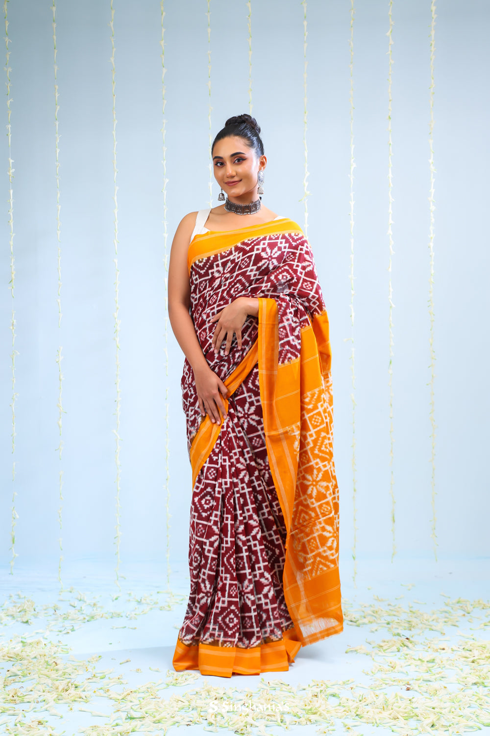 Marigold Orange Ikkat Cotton Saree With Traditional Design