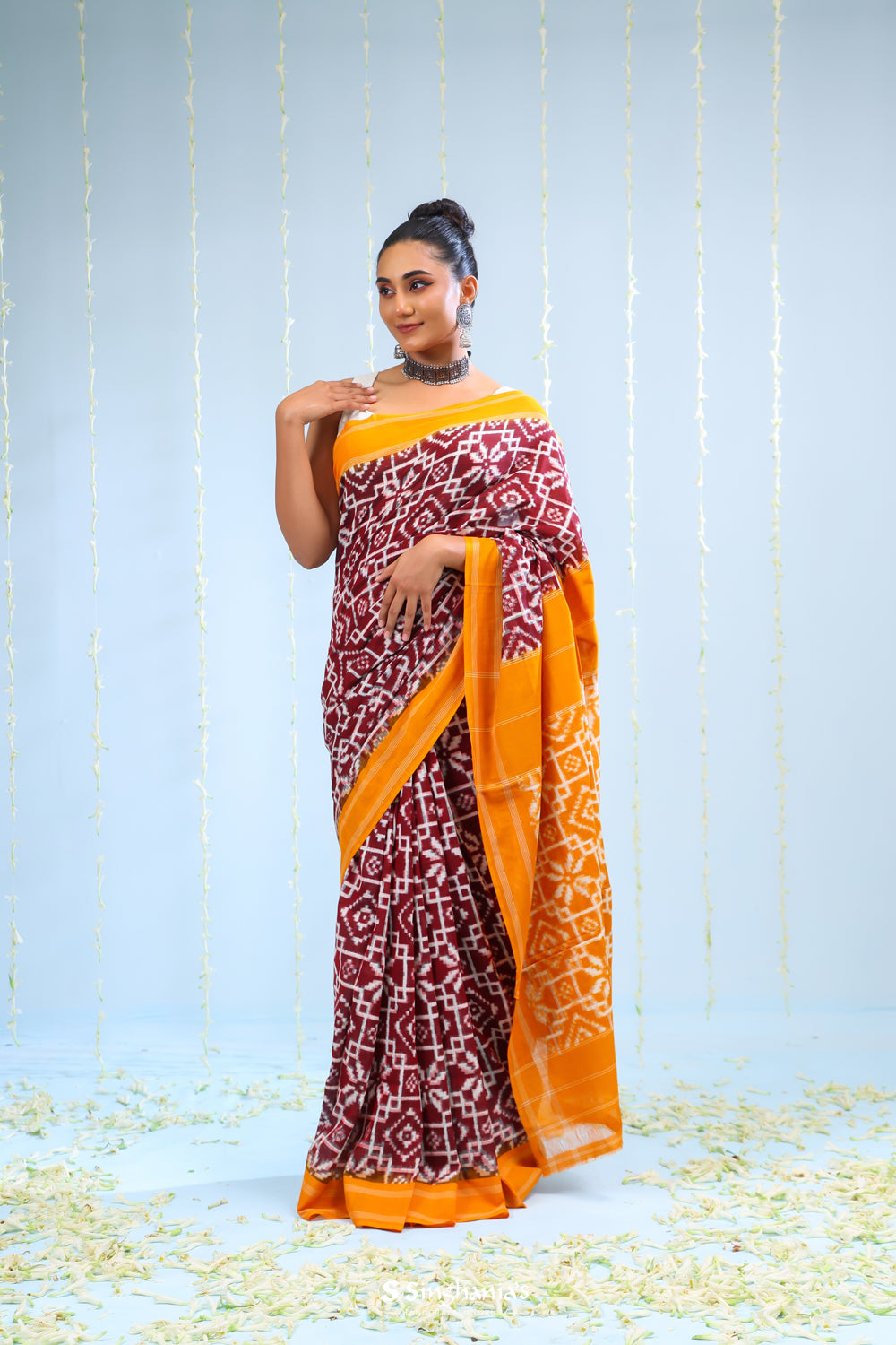 Marigold Orange Ikkat Cotton Saree With Traditional Design