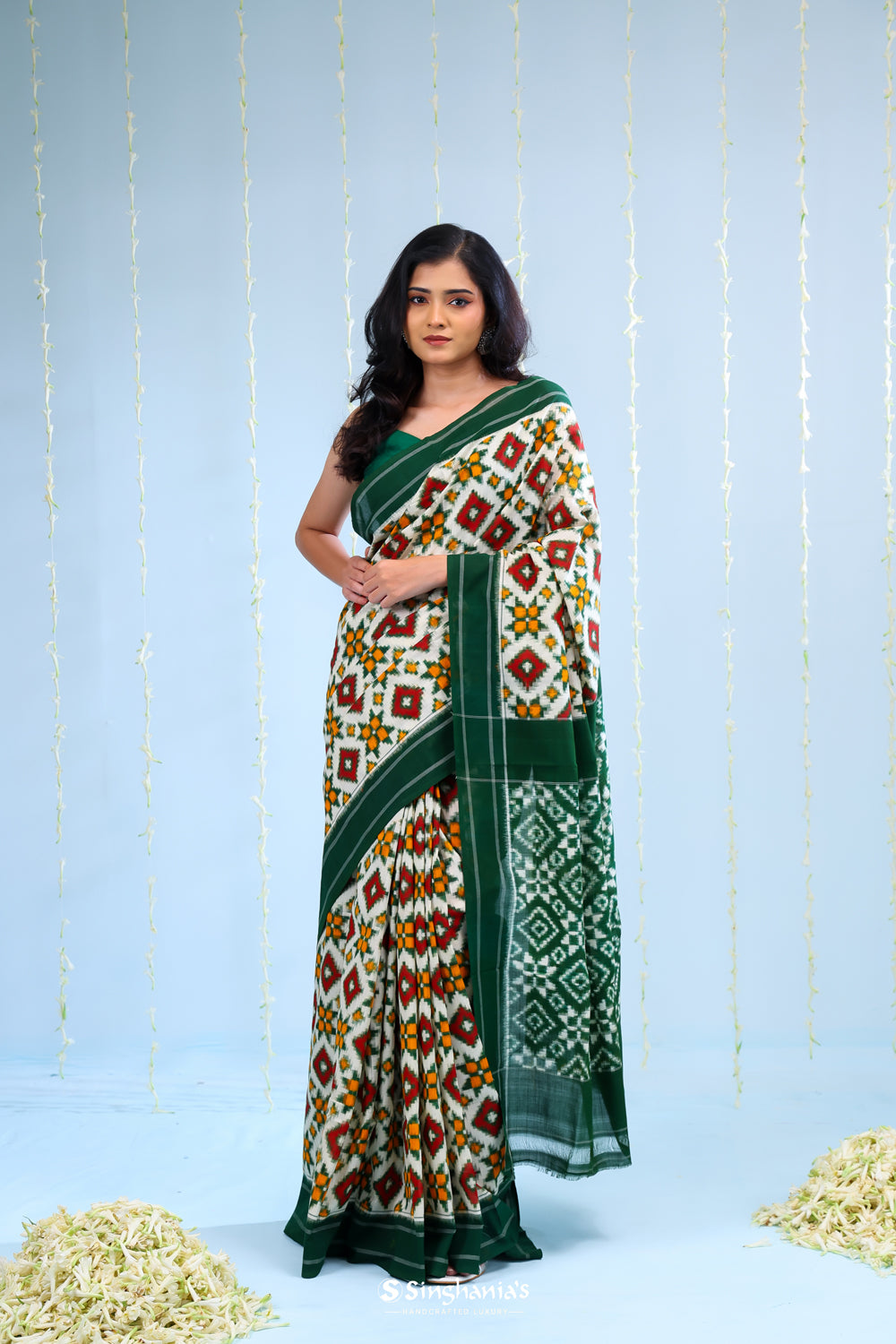 Green White Ikkat Cotton Saree With Contrast Border