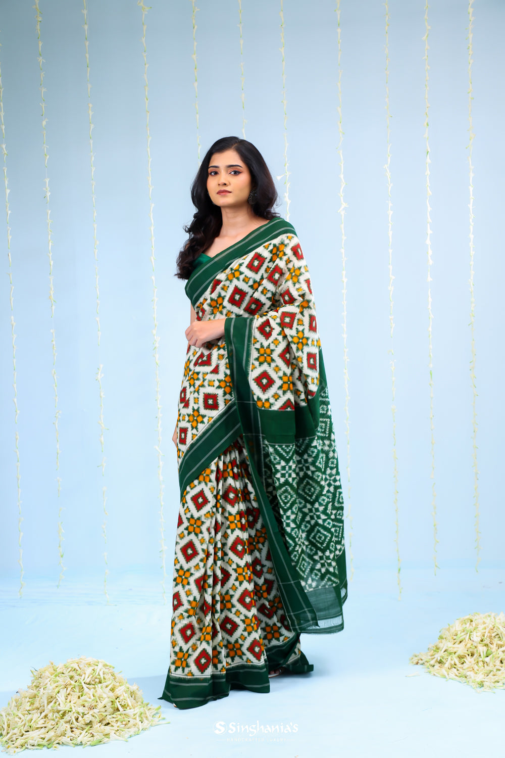 Green White Ikkat Cotton Saree With Contrast Border