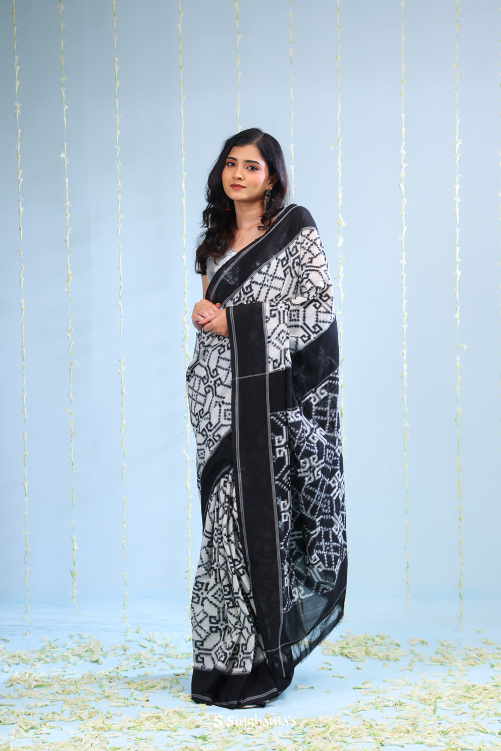 White Black Ikkat Cotton Saree With Traditional Pattern