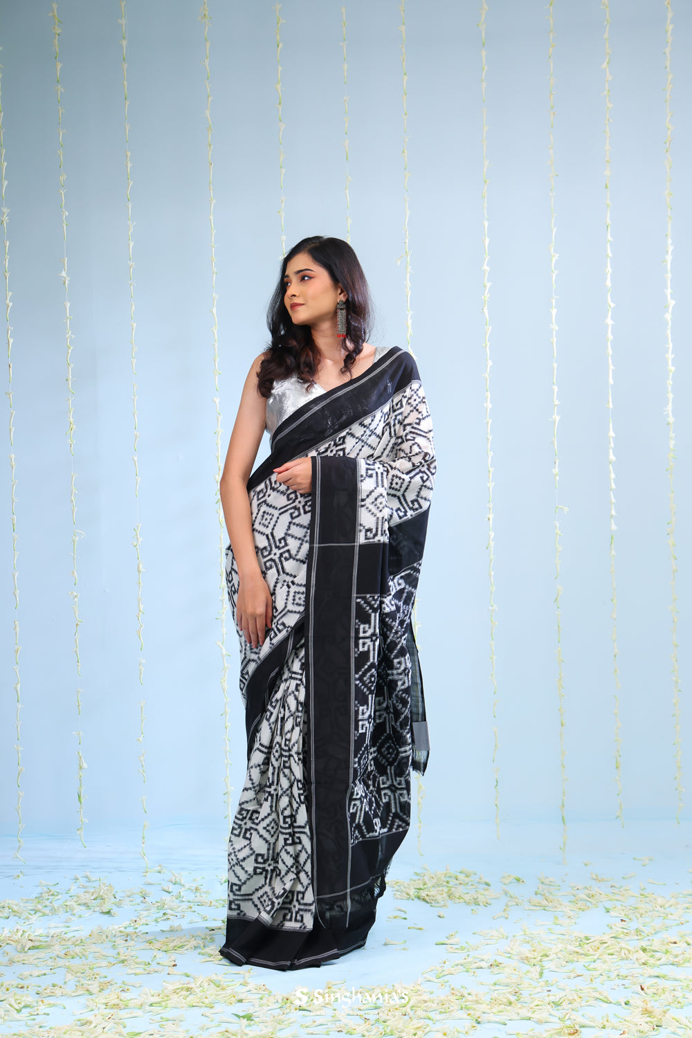 White Black Ikkat Cotton Saree With Traditional Pattern