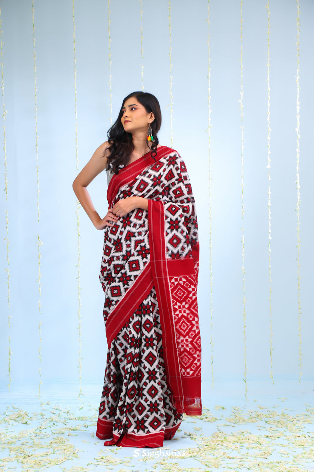 Maroon White Ikkat Cotton Saree With Contrast Border