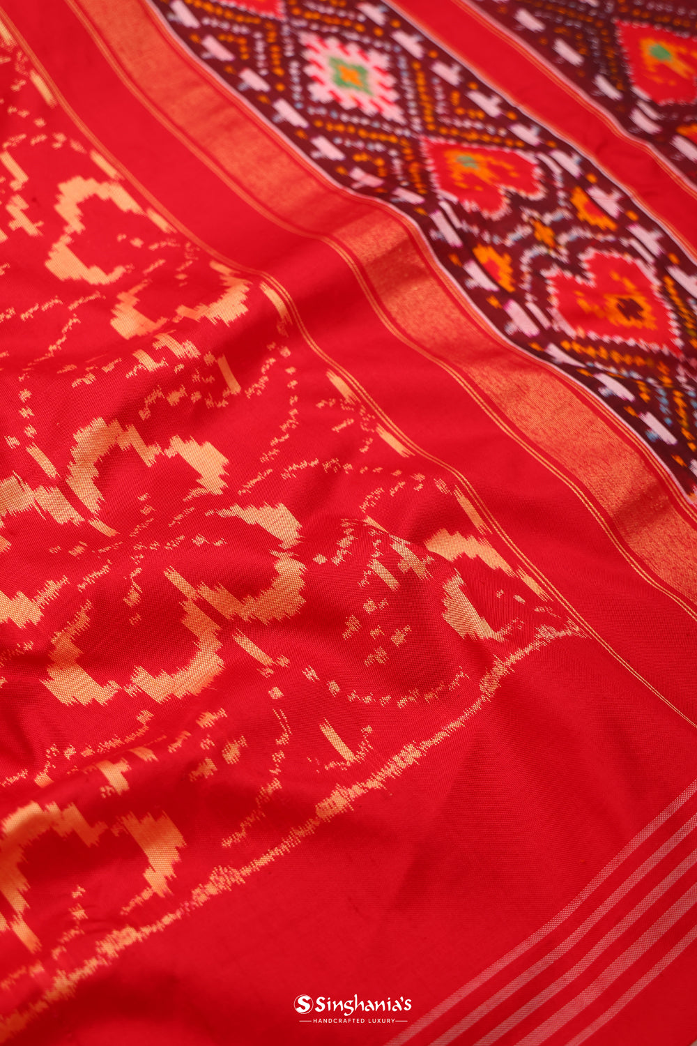 Cardinals Red Ikkat Patola Silk Saree With Jaal Design