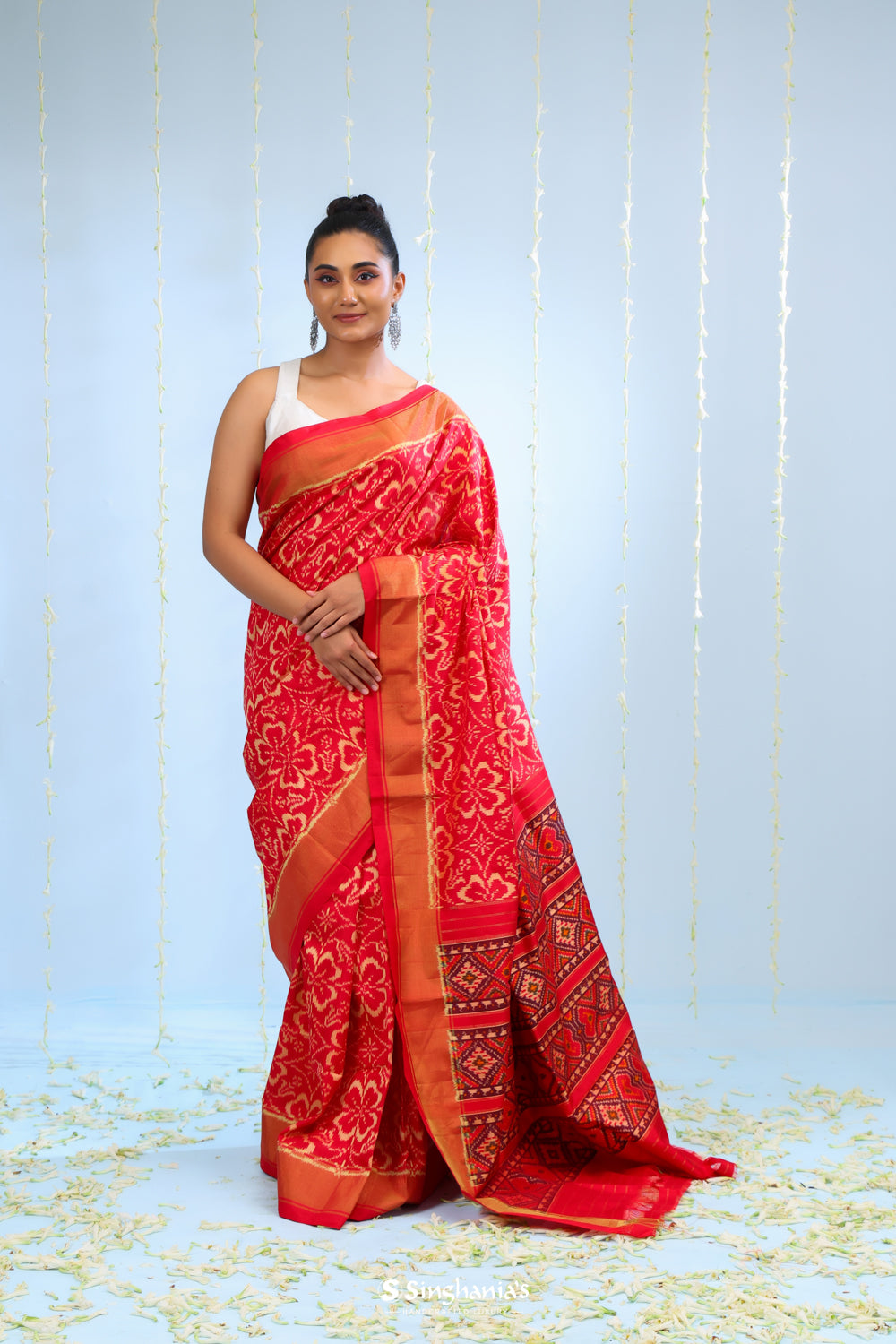 Raspberry Red Ikkat Patola Silk Saree With Jaal Design