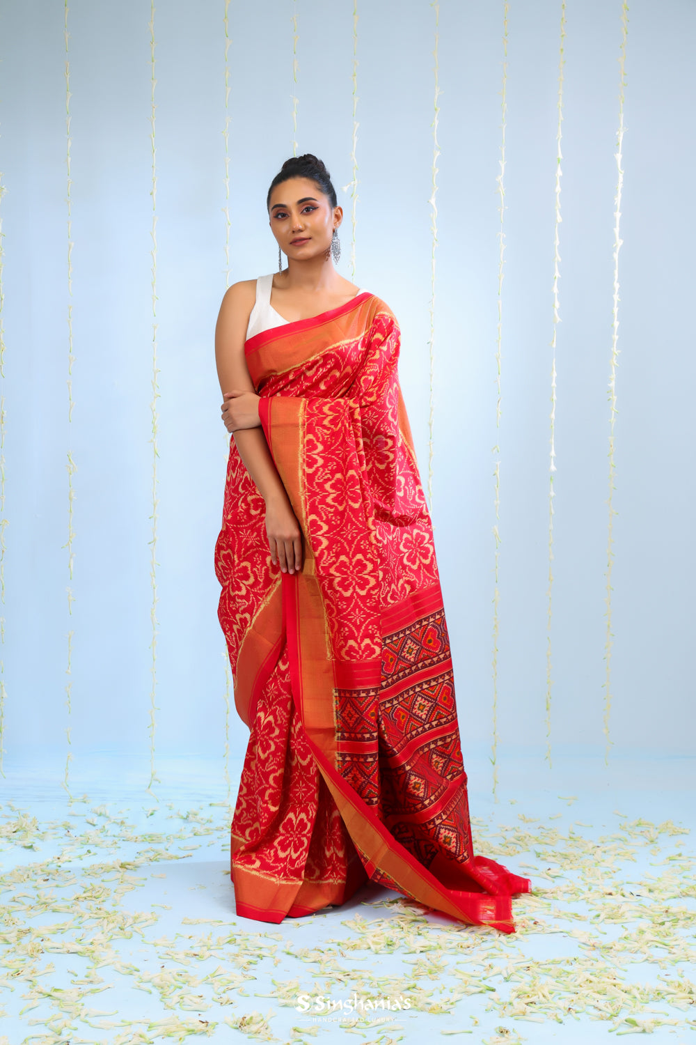 Raspberry Red Ikkat Patola Silk Saree With Jaal Design