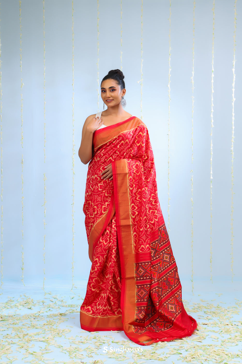 Raspberry Red Ikkat Patola Silk Saree With Jaal Design