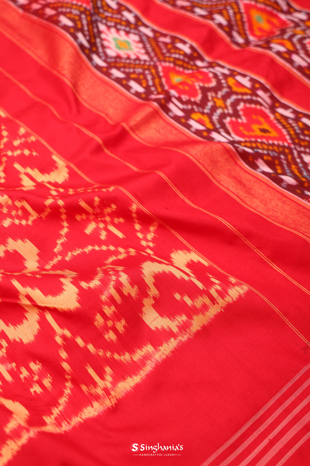 Raspberry Red Ikkat Patola Silk Saree With Jaal Design