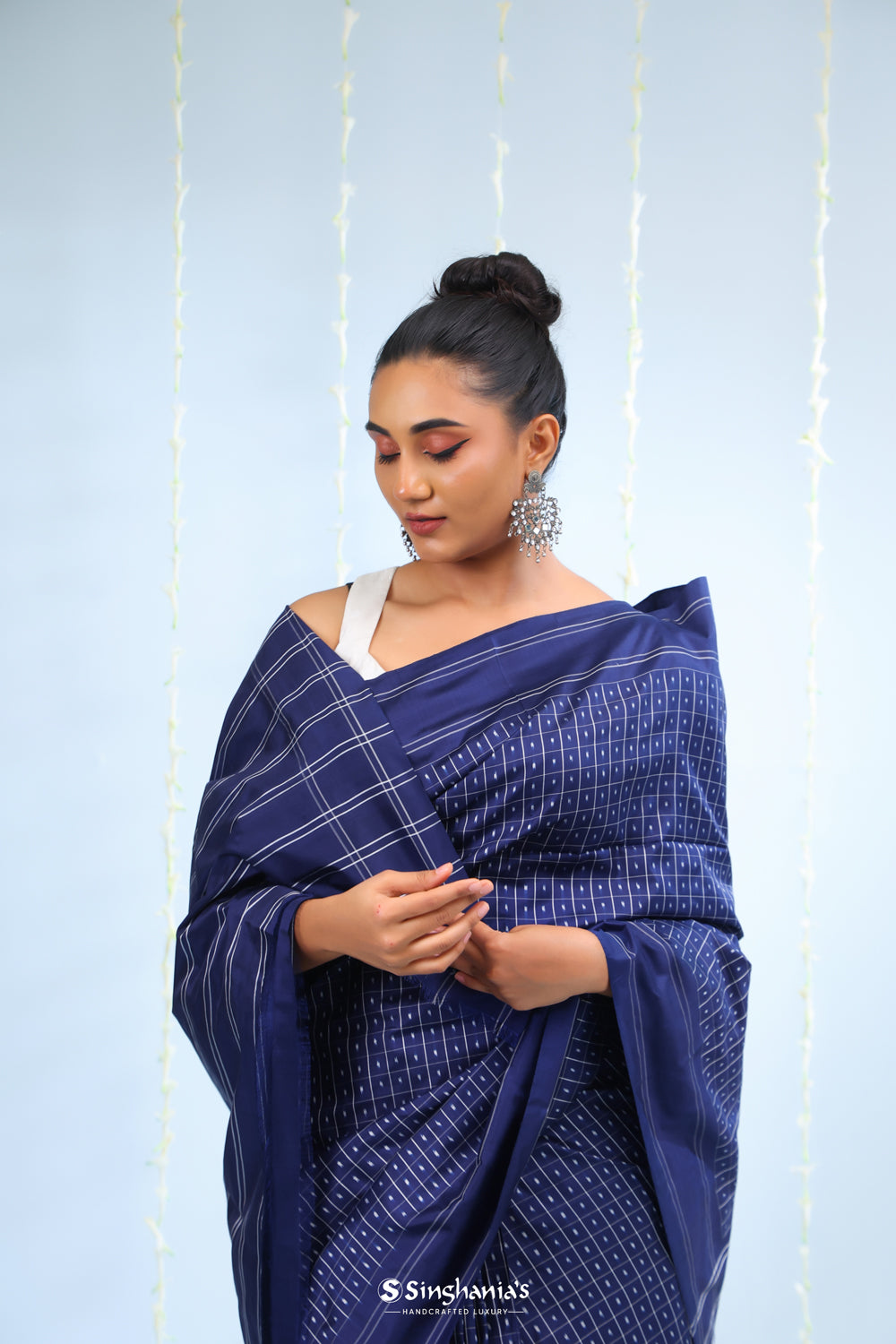 Dark Blue Ikkat Silk Saree With Butti-Checks Design