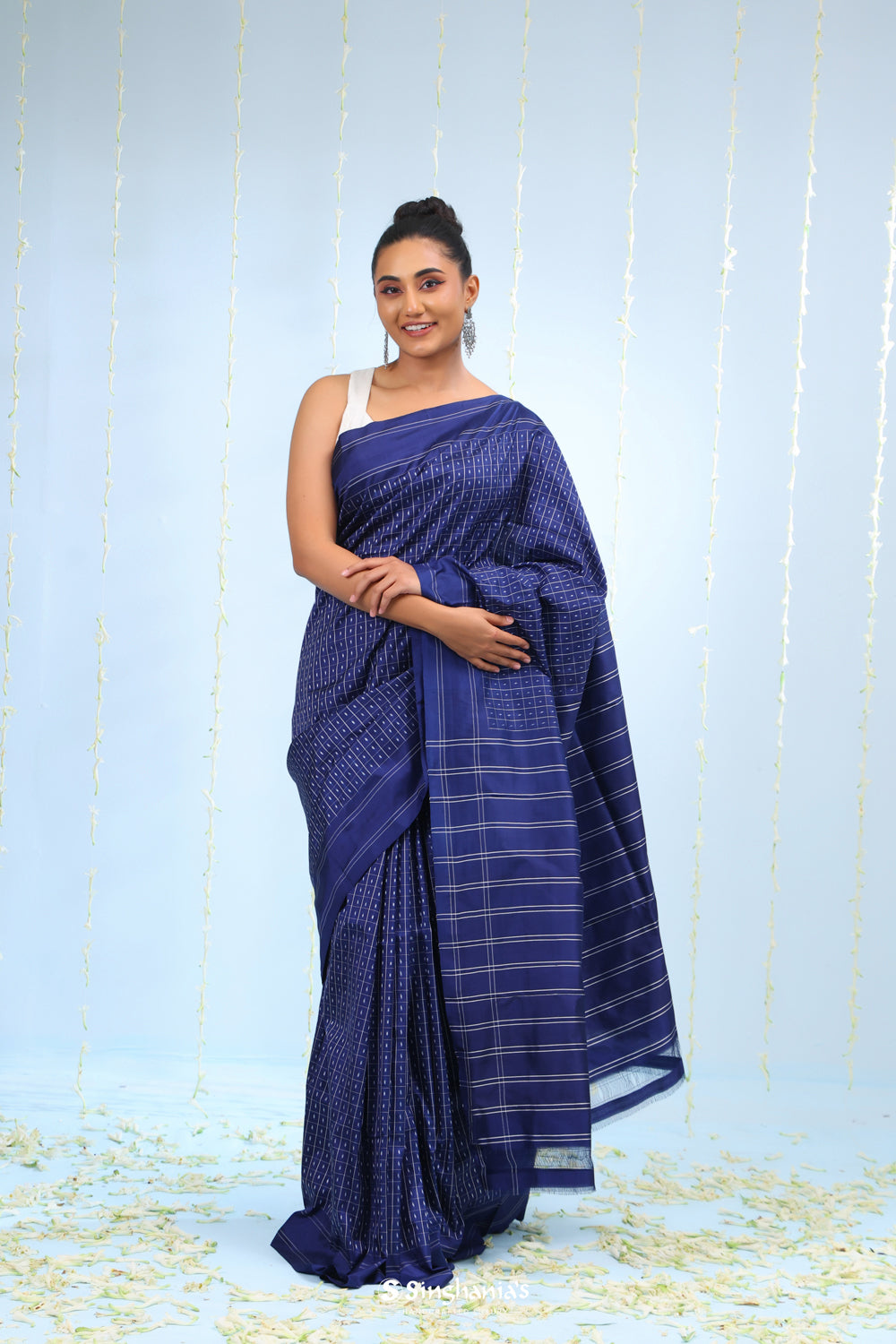 Dark Blue Ikkat Silk Saree With Butti-Checks Design