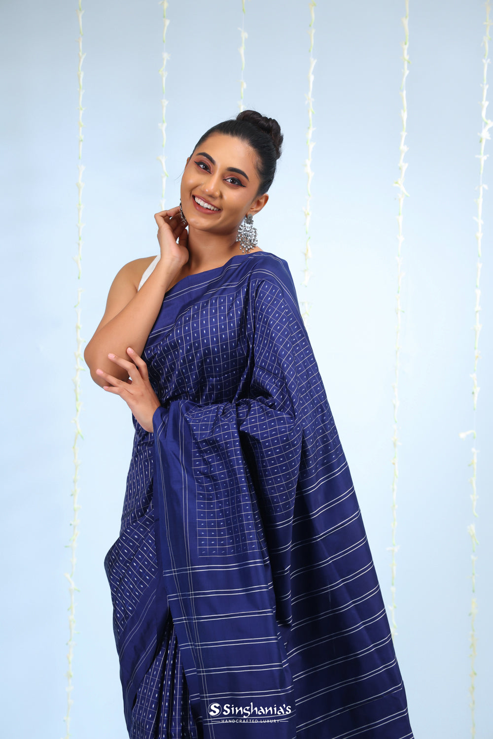 Dark Blue Ikkat Silk Saree With Butti-Checks Design