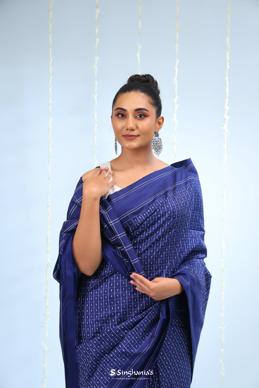 Dark Blue Ikkat Silk Saree With Butti-Checks Design