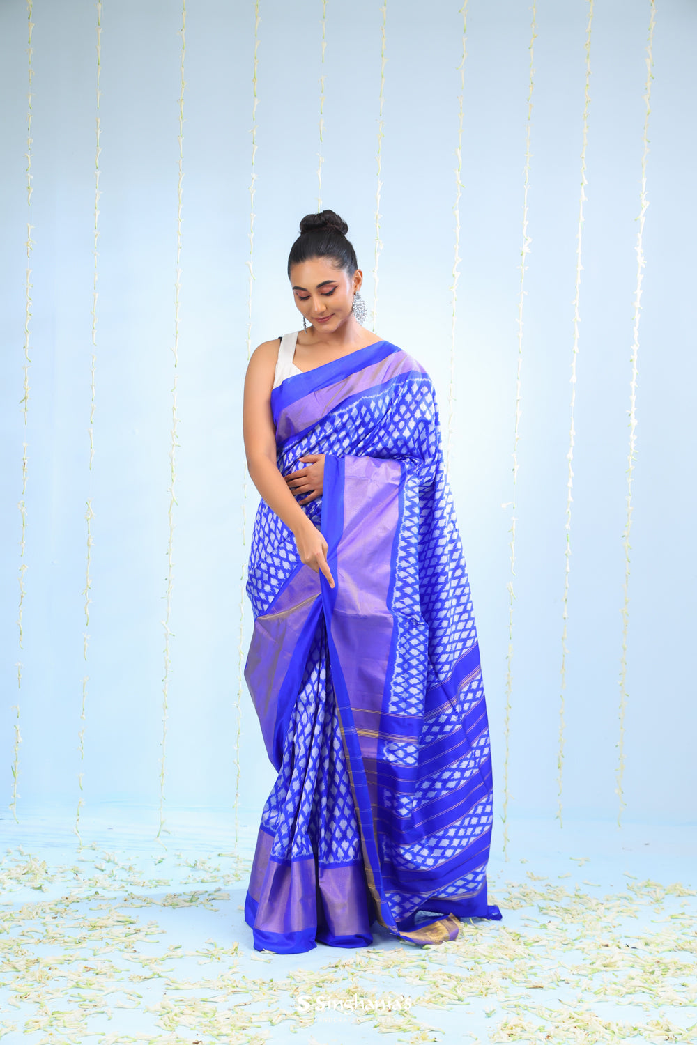 Indigo Blue Ikkat Patola Silk Saree With Butti Design