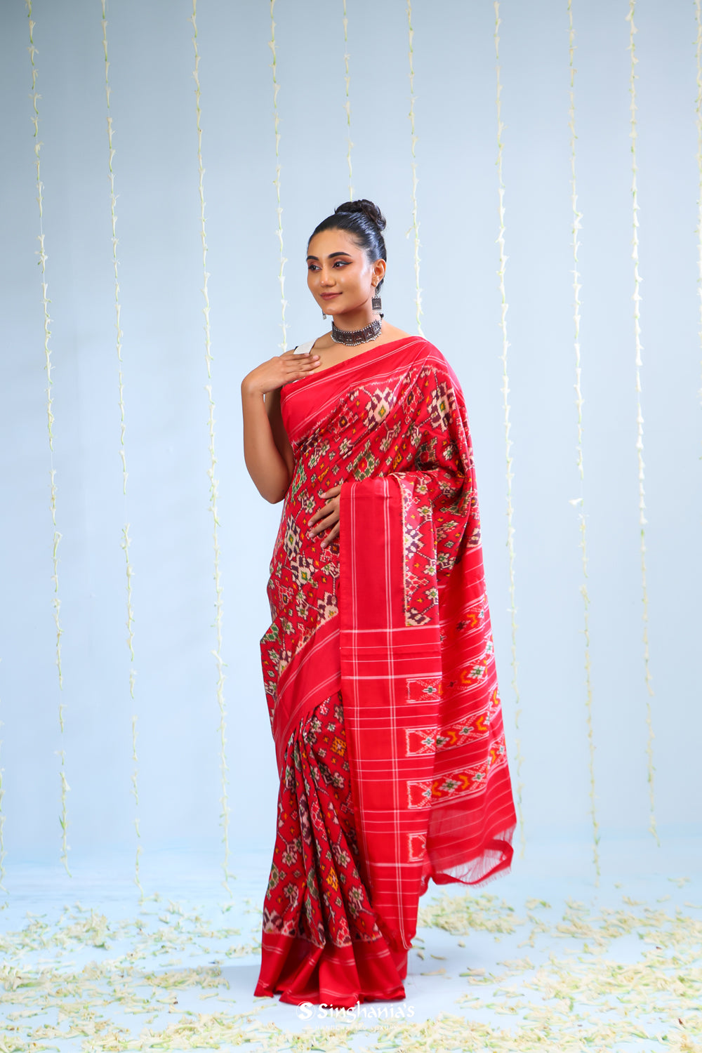 Vermillion Red Ikkat Patola Silk Saree With Jaal Design