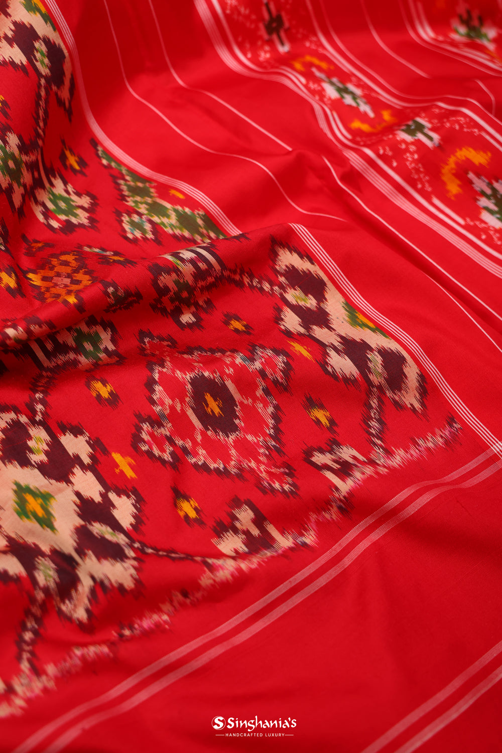 Vermillion Red Ikkat Patola Silk Saree With Jaal Design