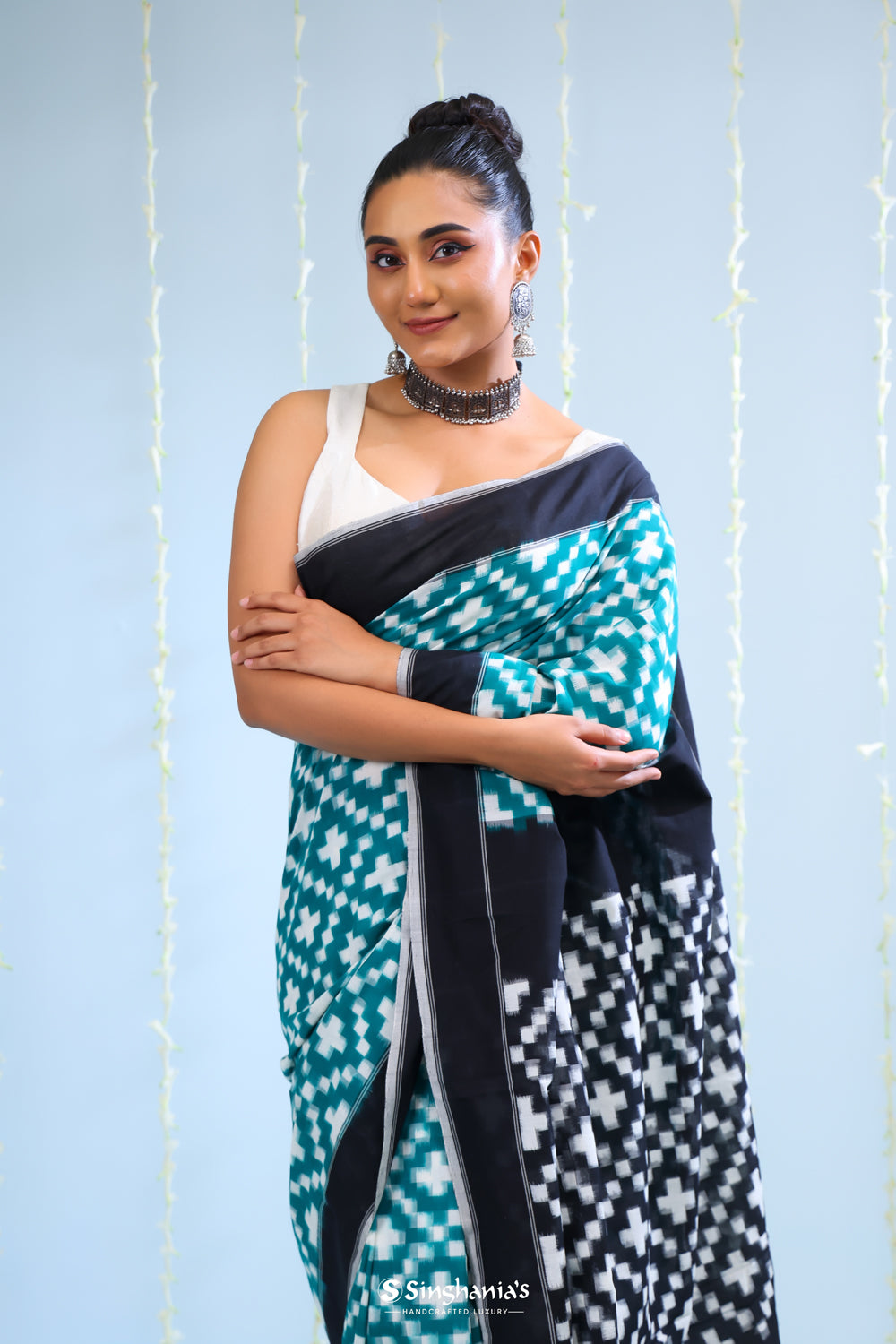 Myrtle Green Ikkat Cotton Saree With Contrast Border