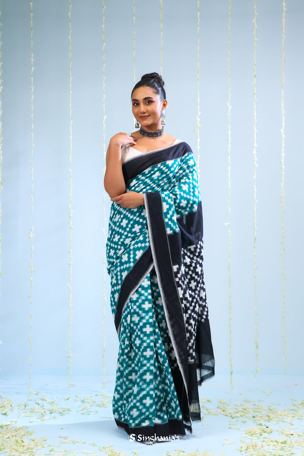 Myrtle Green Ikkat Cotton Saree With Contrast Border