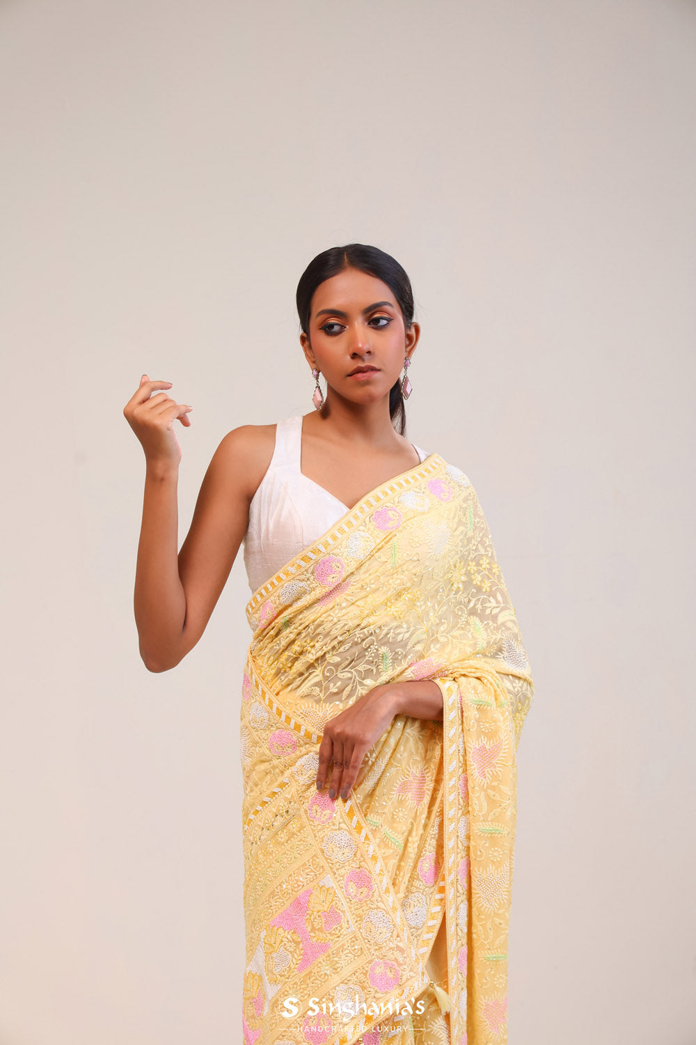 Mocassin Yellow Georgette Lucknowi Saree