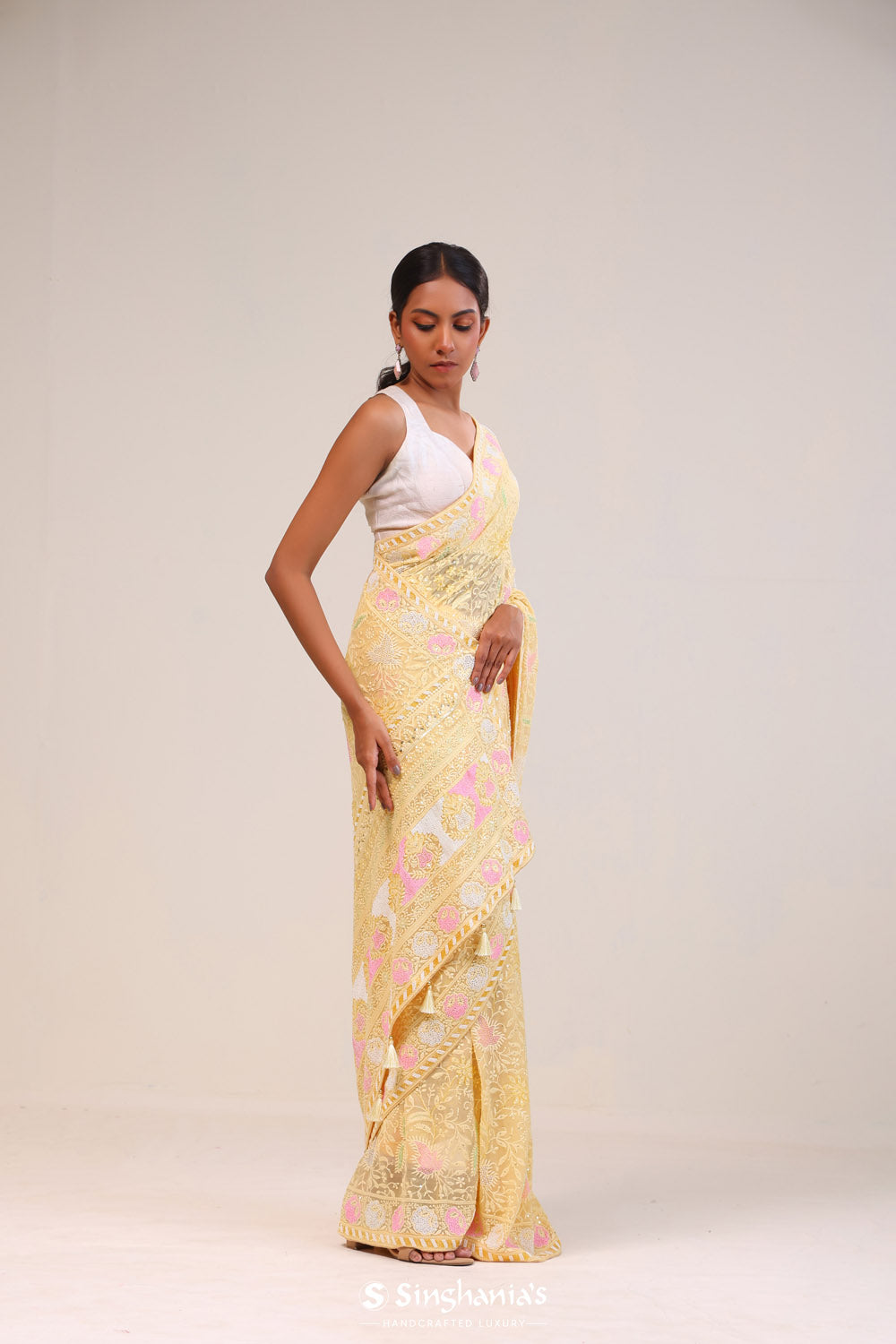 Mocassin Yellow Georgette Lucknowi Saree