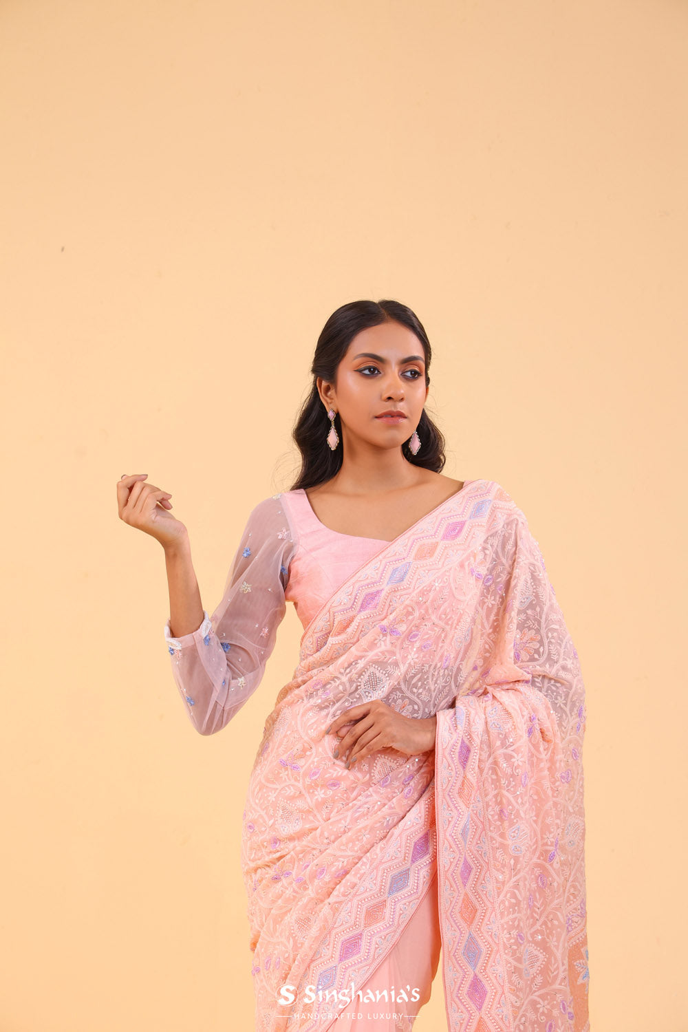 Bright Peach Georgette Lucknowi Saree