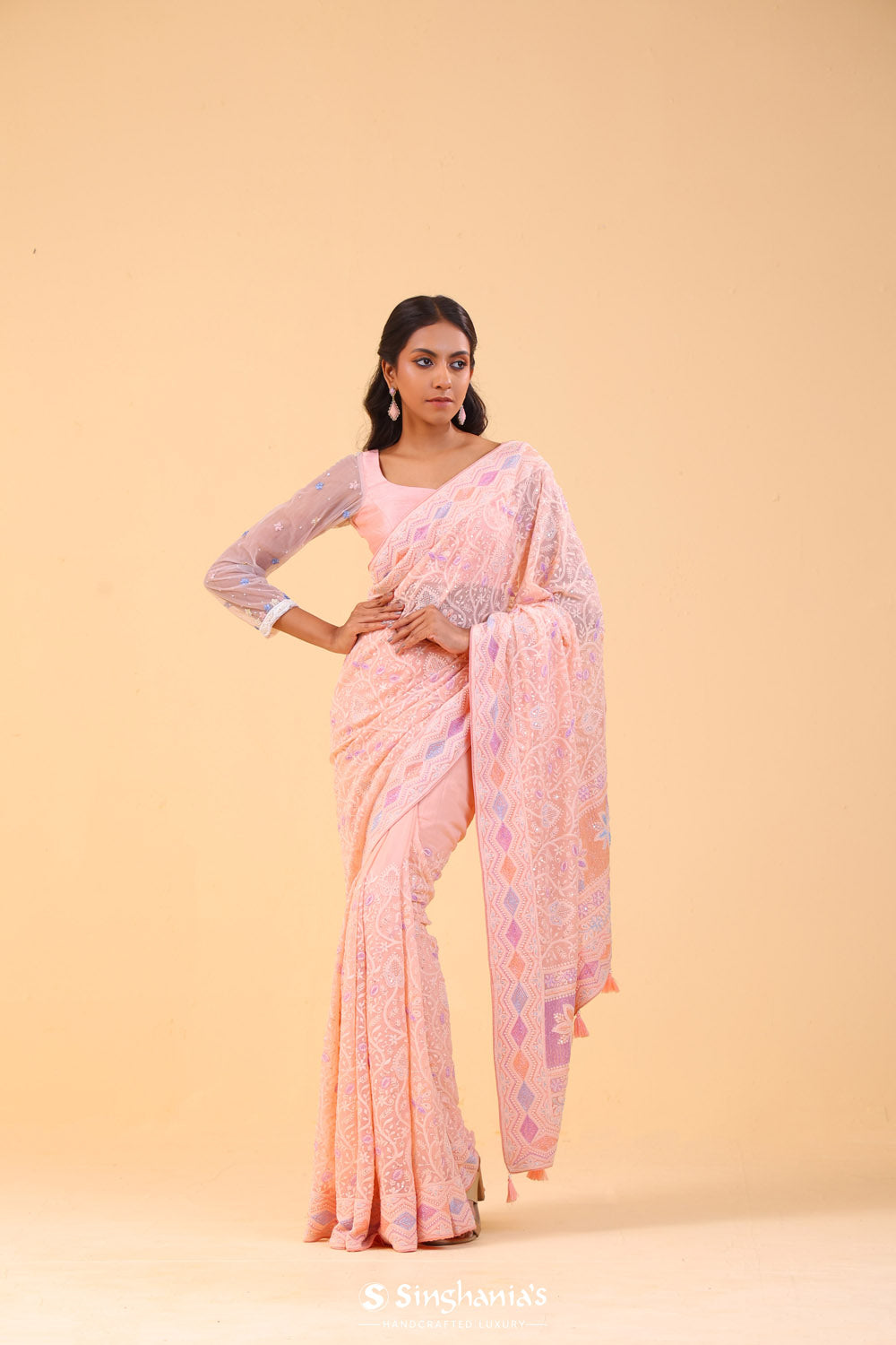 Bright Peach Georgette Lucknowi Saree