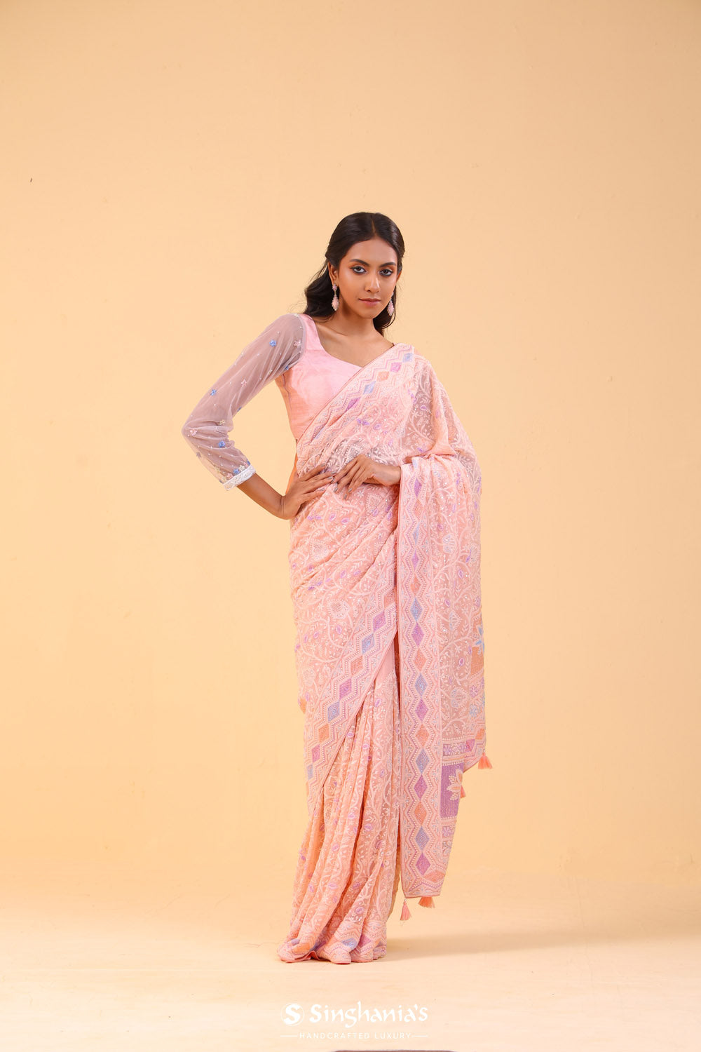 Bright Peach Georgette Lucknowi Saree