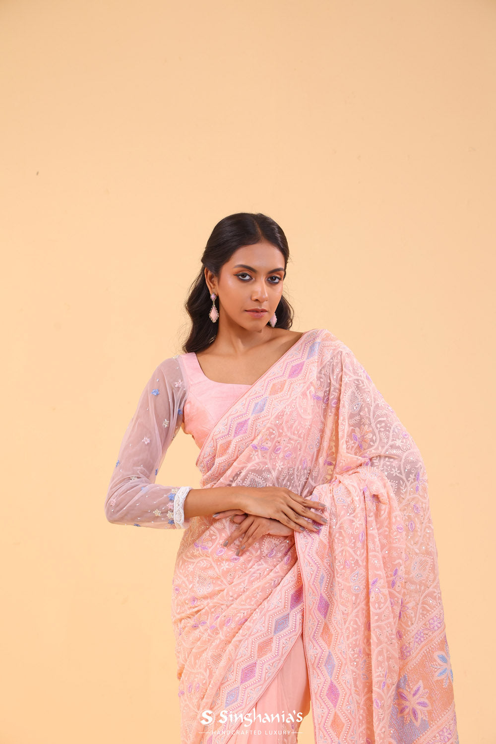 Bright Peach Georgette Lucknowi Saree