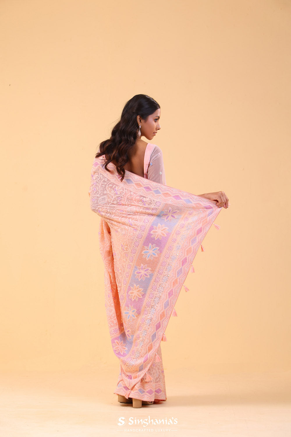 Bright Peach Georgette Lucknowi Saree