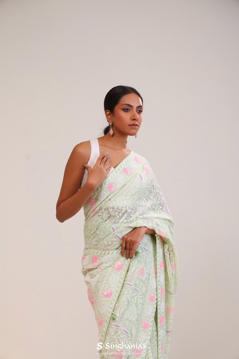 Tea Green Georgette Lucknowi Saree