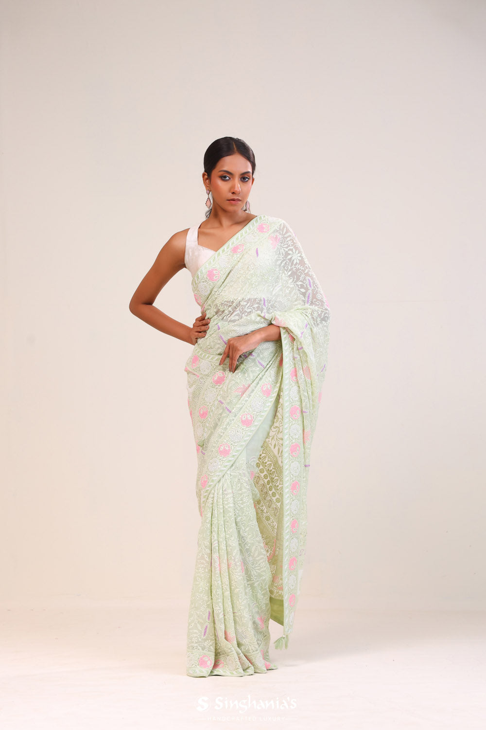 Tea Green Georgette Lucknowi Saree