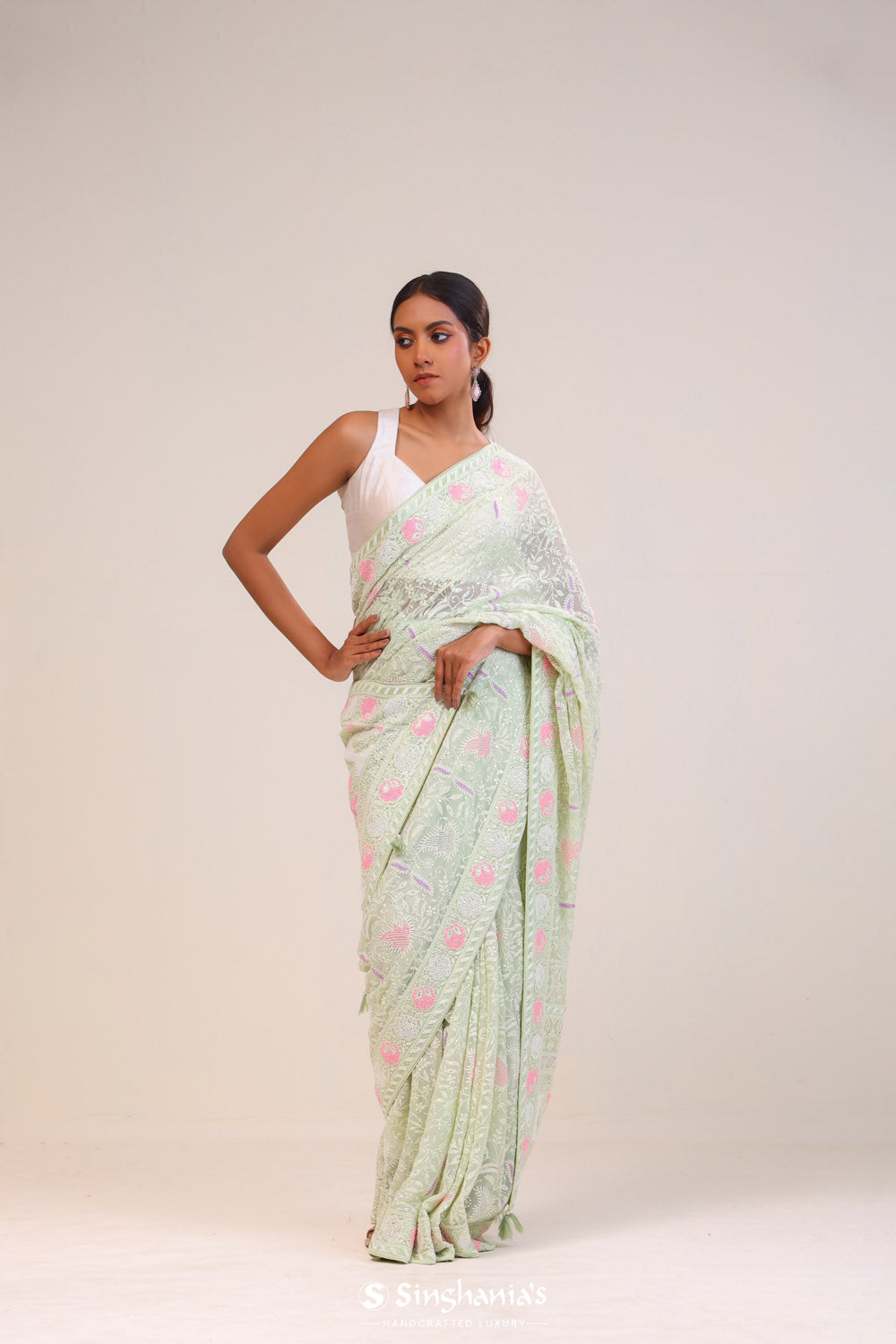 Tea Green Georgette Lucknowi Saree