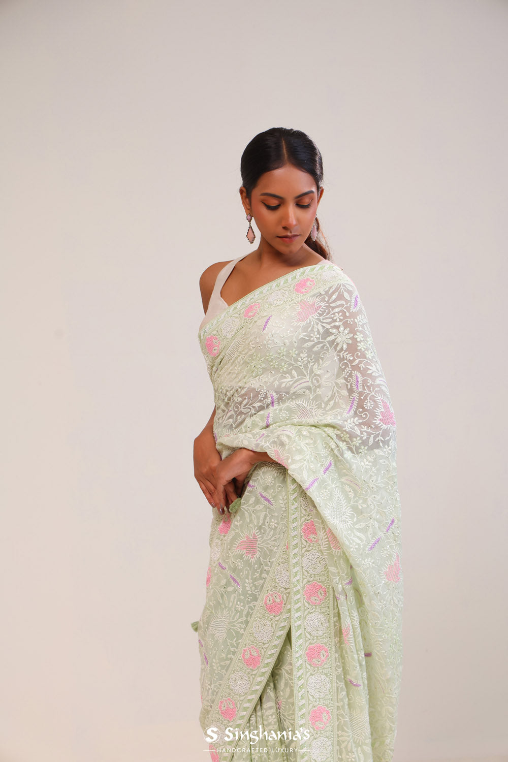 Tea Green Georgette Lucknowi Saree